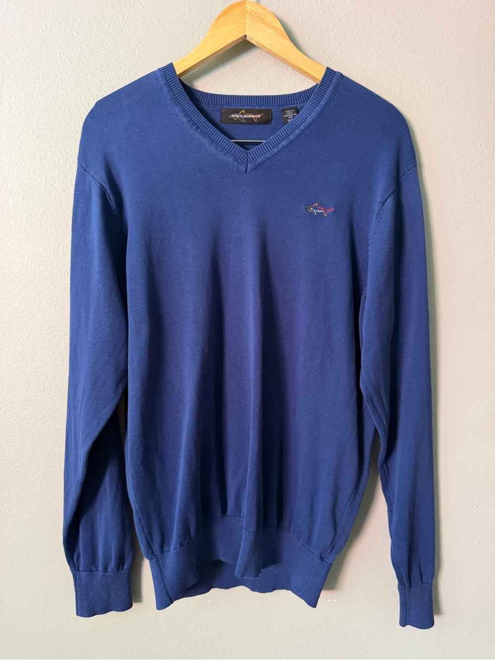 Y2K Greg Norman Navy Golf Pullover Sweater V Neck Shark Logo Men’s M